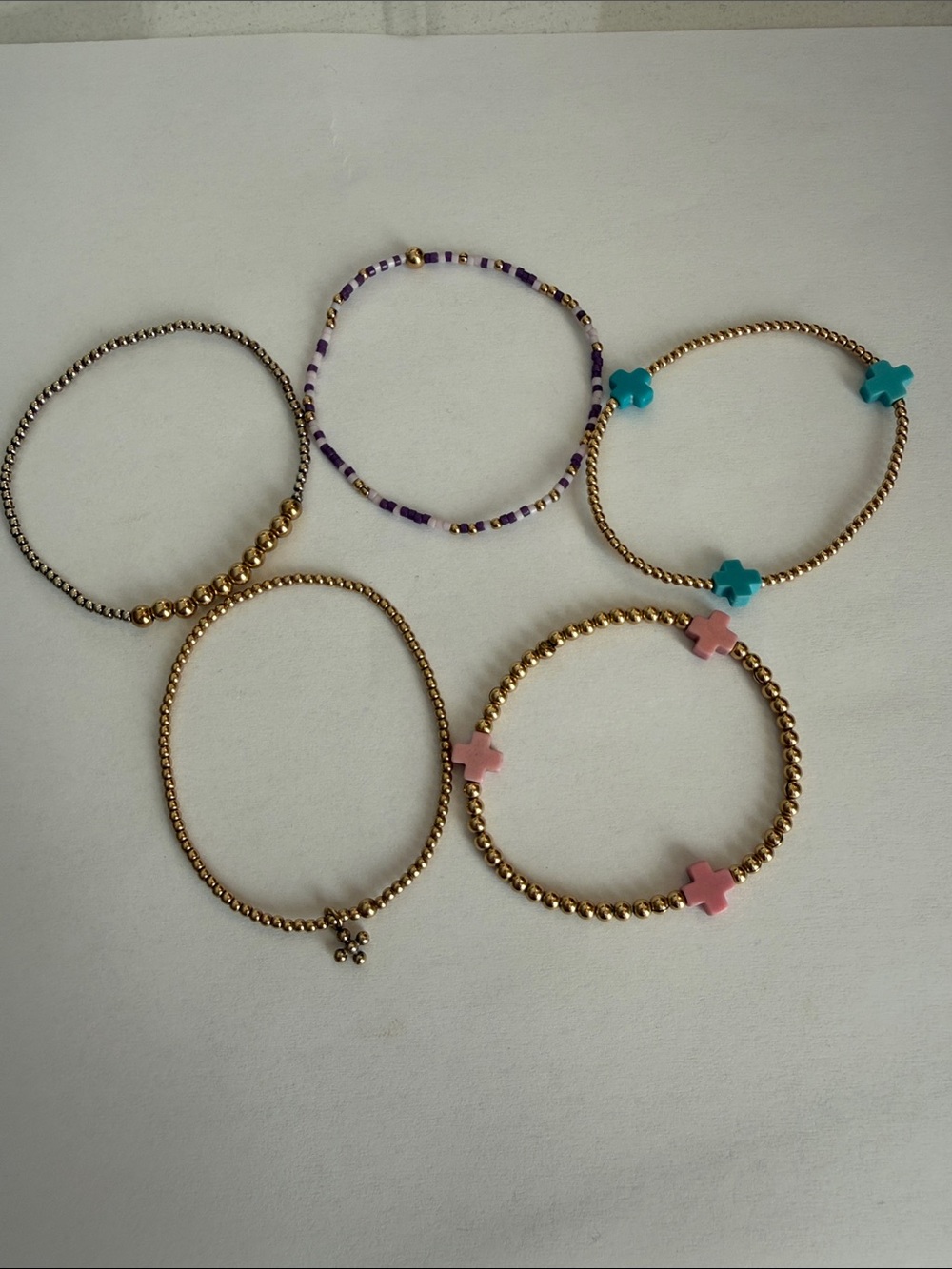 Enewton Gold Beaded Bracelet Set with Pink & Turquoise Cross Accent.